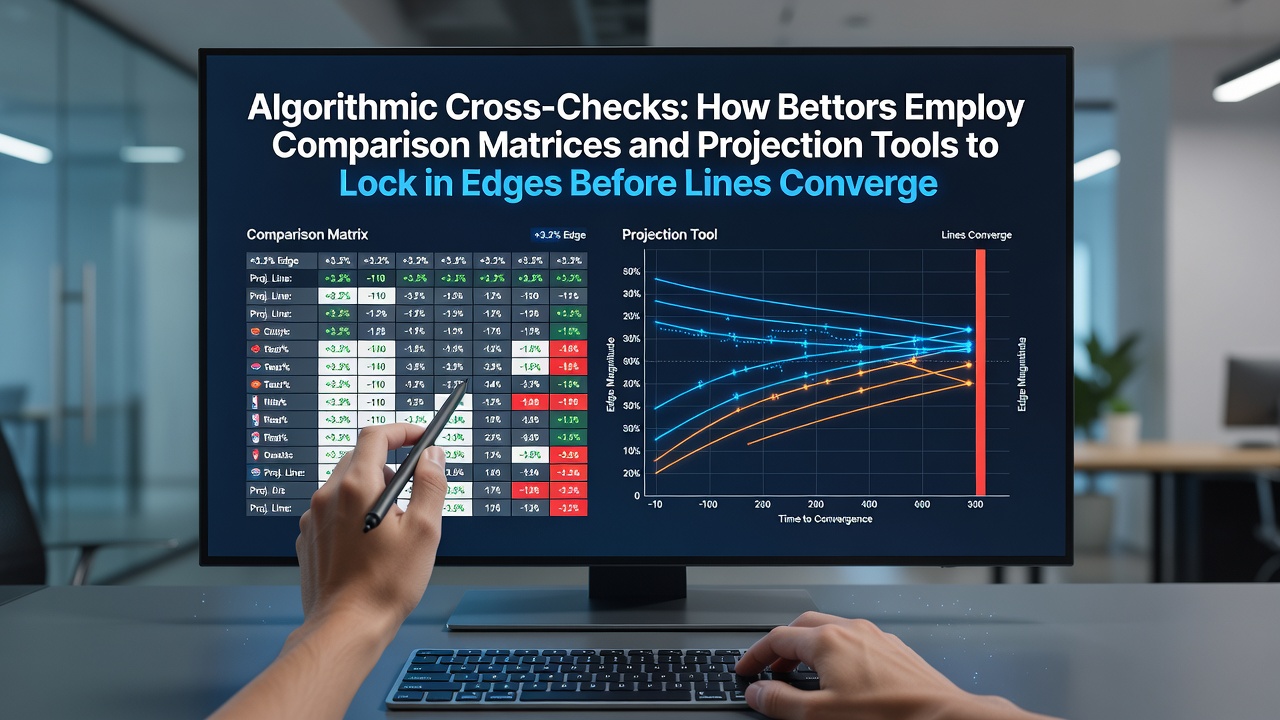 Bettors reviewing comparison matrices on multiple screens while analyzing projection tool outputs for early odds discrepancies