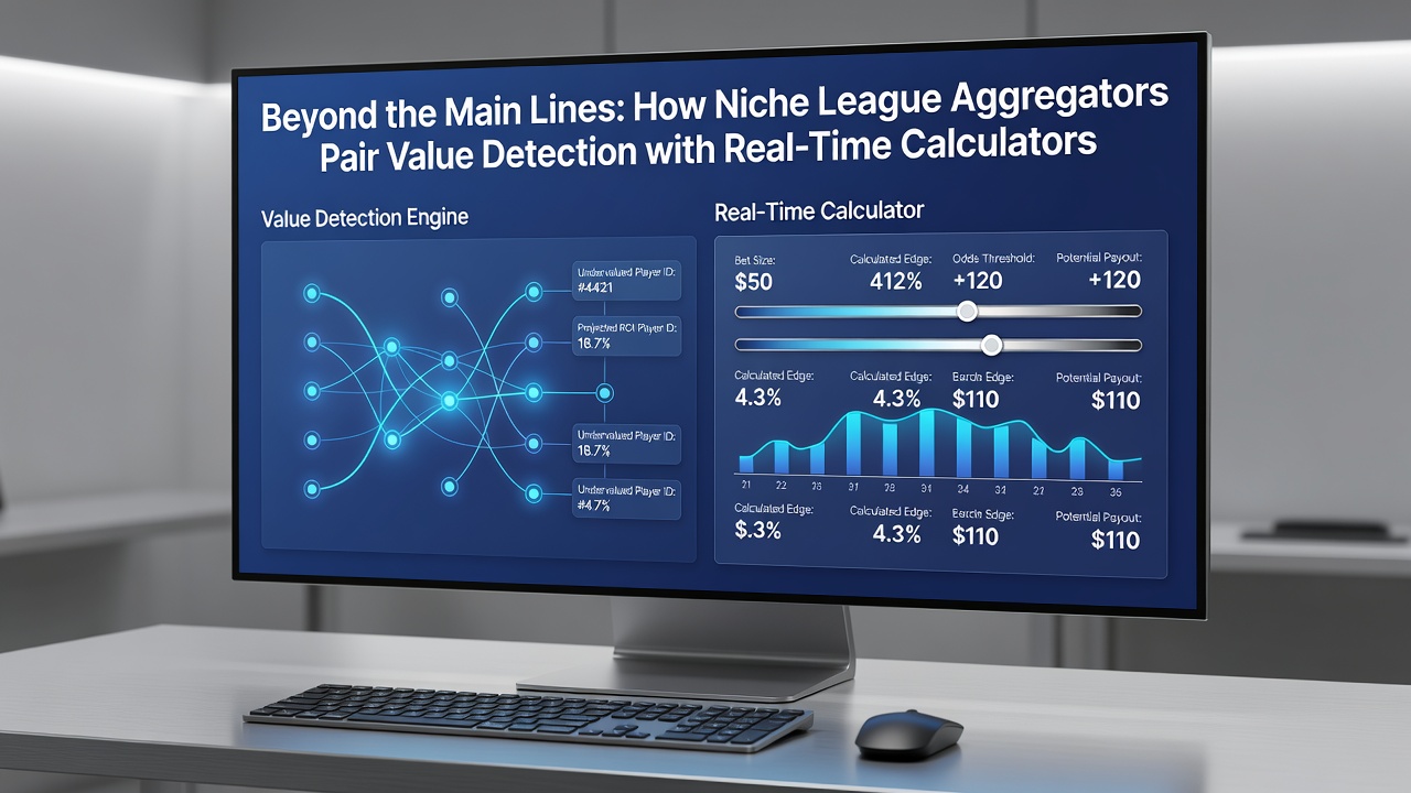 Split-screen view of a real-time arbitrage calculator overlaying a niche league value scanner with live odds movements