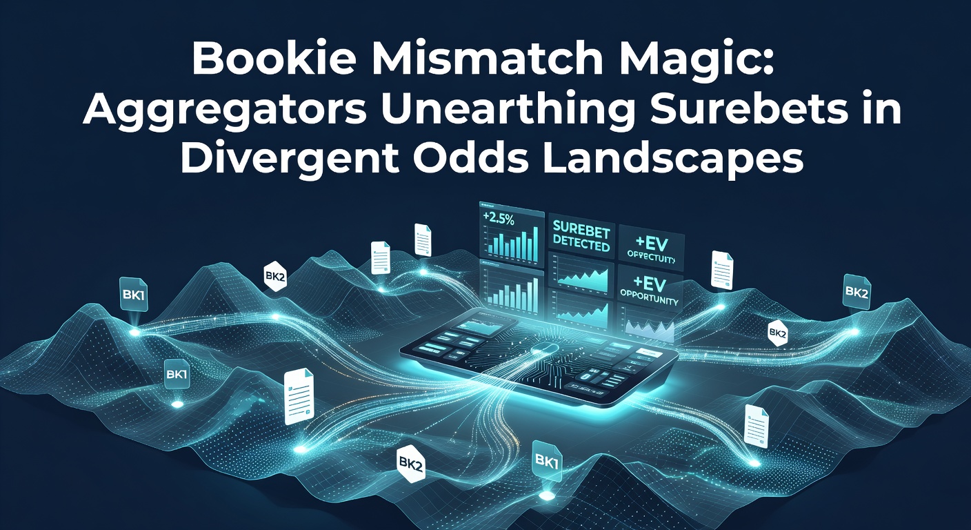 Visual representation of multiple bookmaker odds lines converging into a profitable surebet opportunity across divergent landscapes