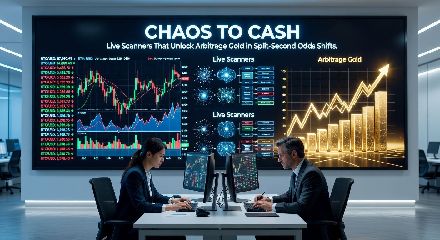 Close-up of a live scanner interface showing a flashing arbitrage alert for an NBA game, with odds from US and international sportsbooks side-by-side and profit calculator displaying 2.3% guaranteed return