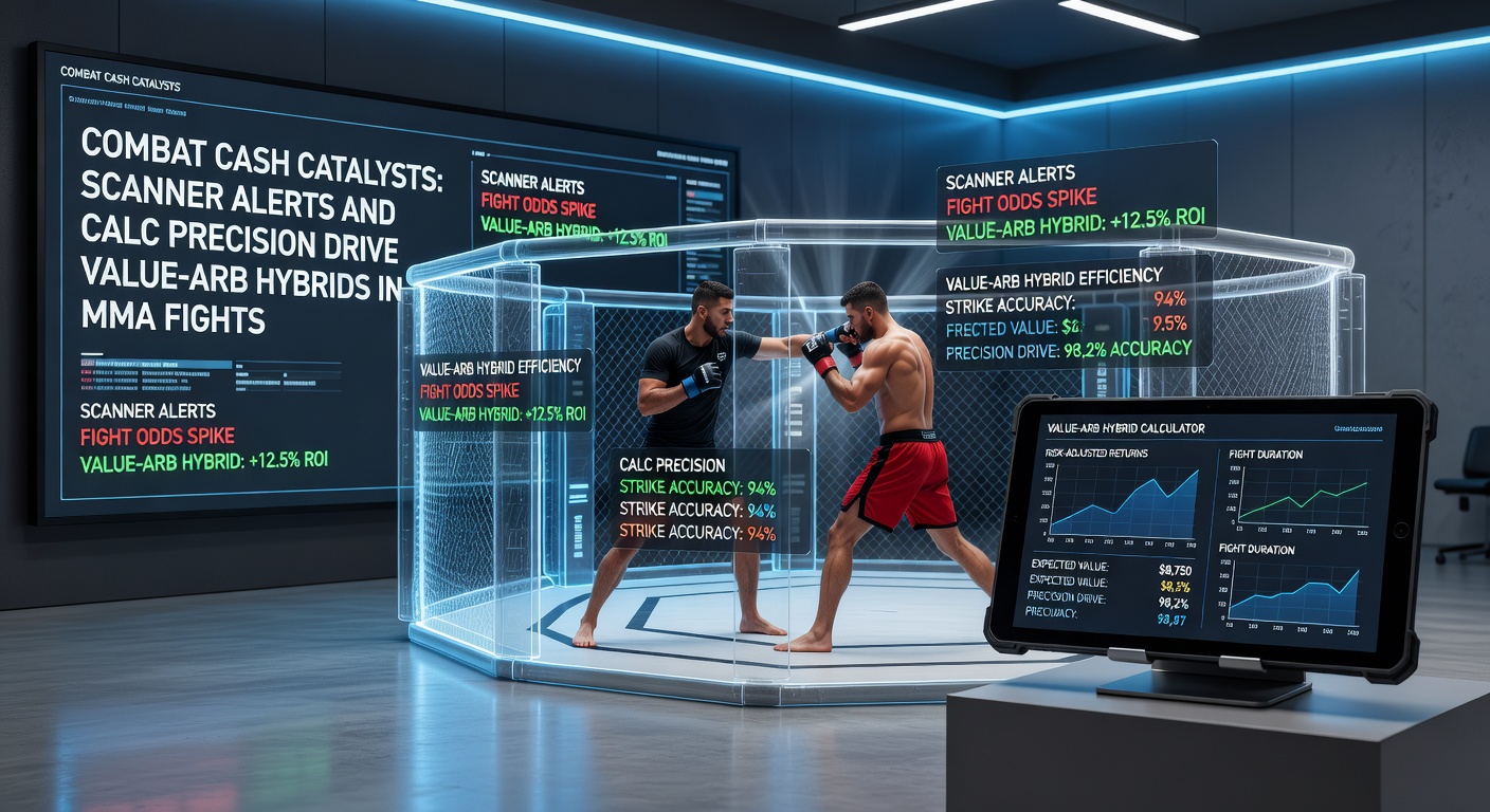 Dynamic MMA fighter in the octagon with overlaid betting odds graphs showing scanner alerts and arbitrage calculations