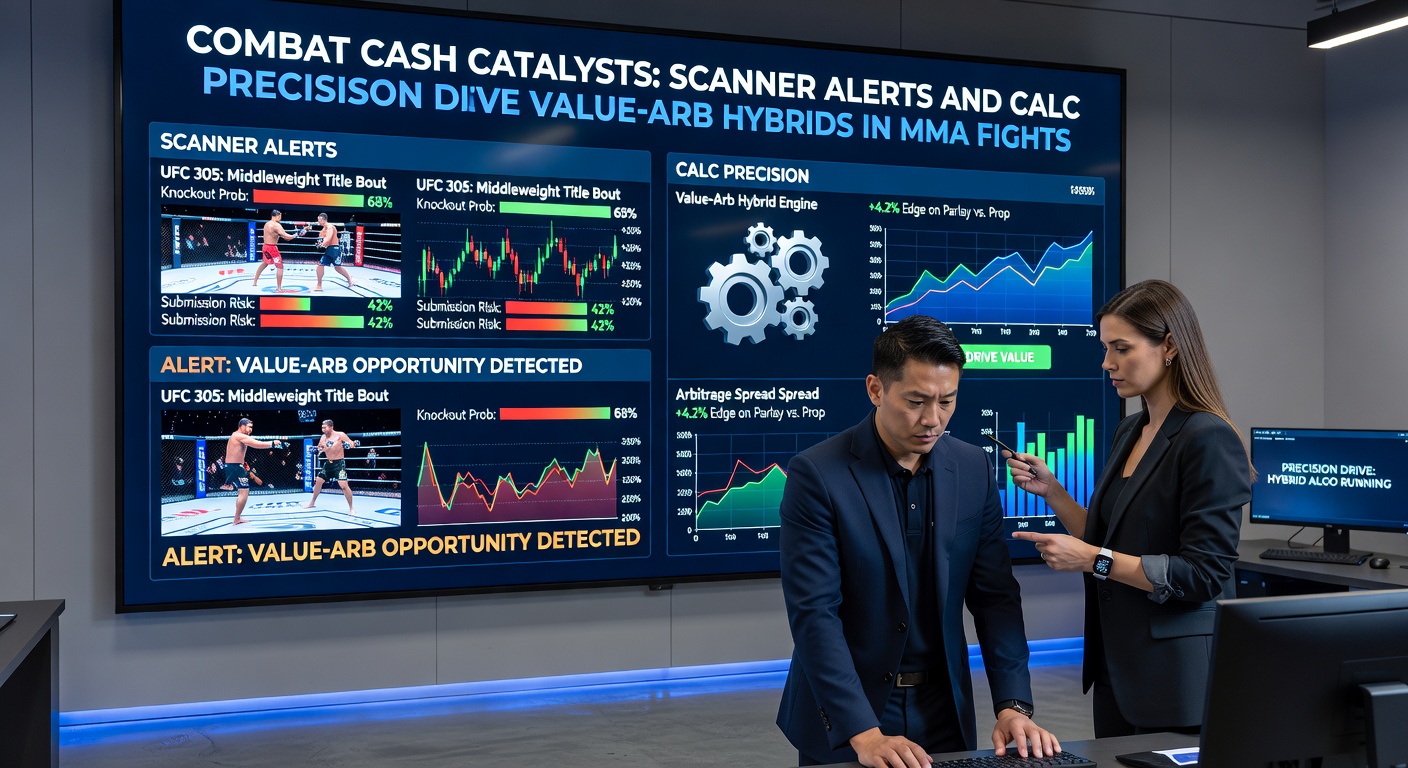 Close-up of a betting calculator interface displaying MMA odds, arbitrage percentages, and value bet probabilities with fighter stats