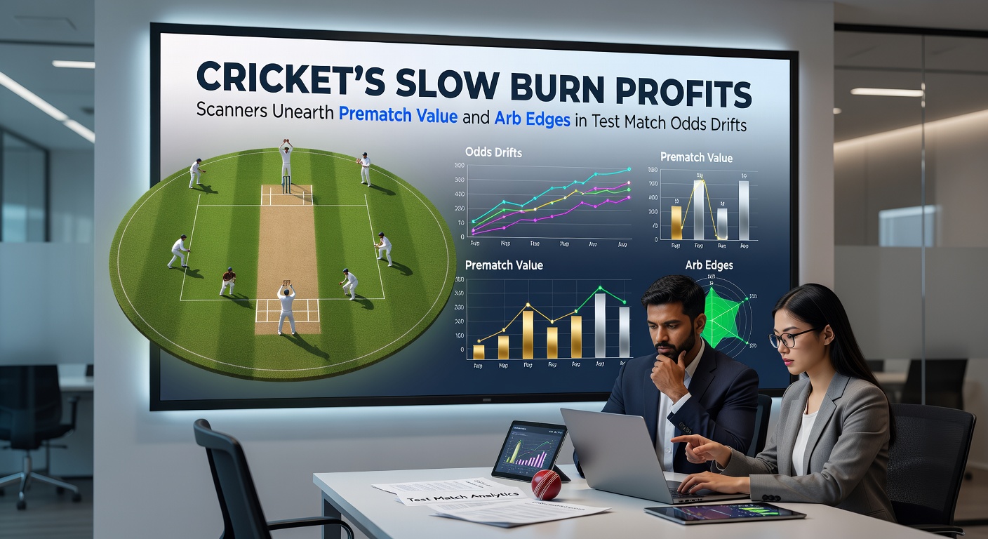 Graph showing drifting odds lines for a Test match between Australia and India, highlighting scanner-detected value spots and arbitrage windows