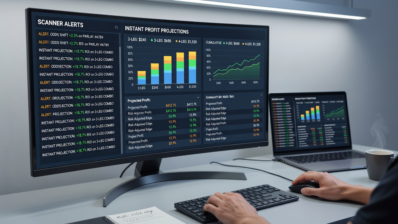 Dashboard showing combined scanner alerts and profit projections across soccer, tennis, and basketball markets
