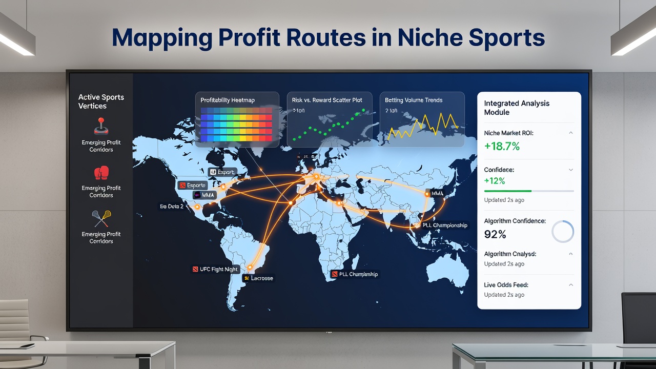 Split-screen interface showing live arbitrage alerts alongside historical performance charts for niche sports betting