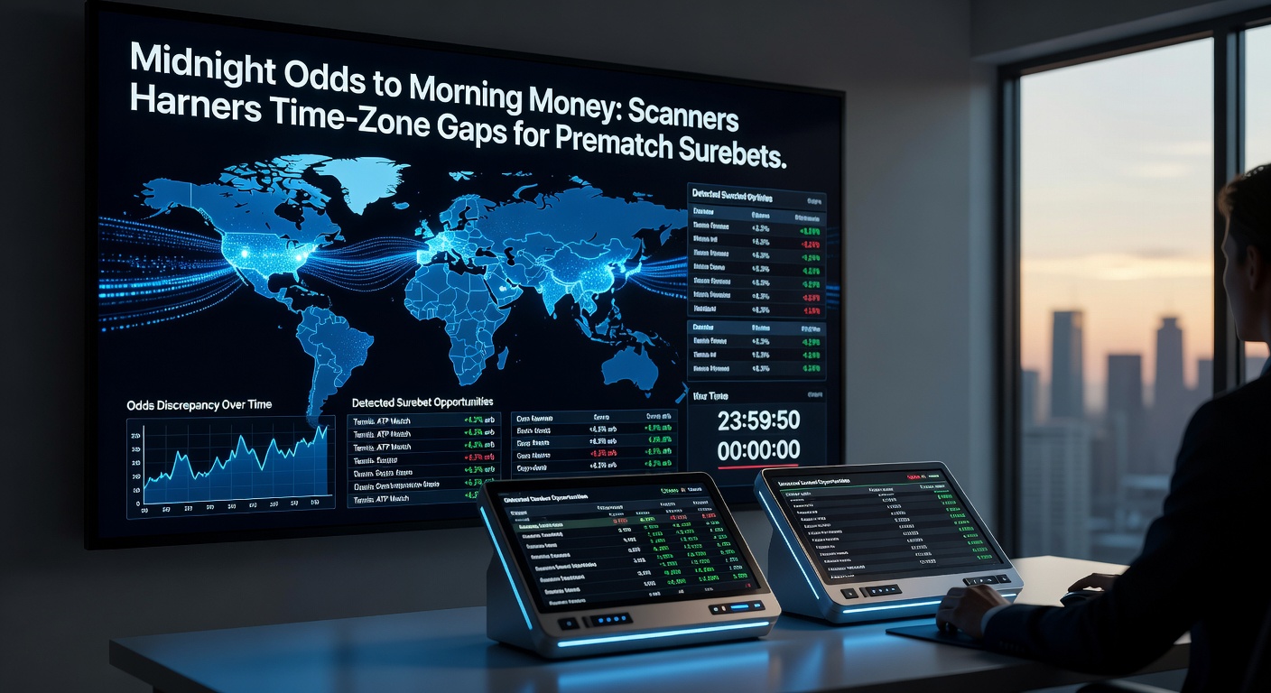Screenshot of a prematch surebet scanner displaying cross-time-zone odds discrepancies on a global map, highlighting arbitrage opportunities in real-time