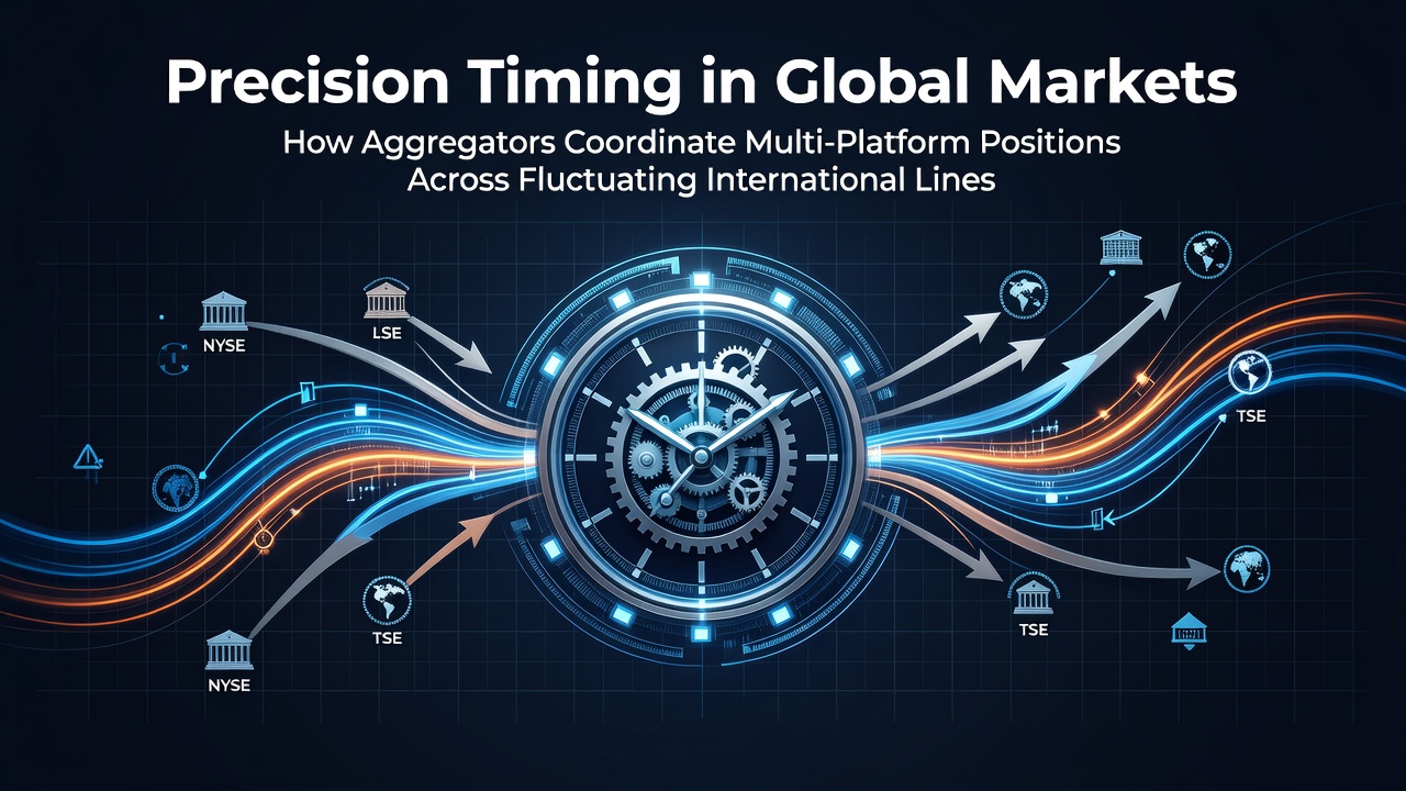 Global financial trading floor with synchronized digital displays showing multi-platform market data across time zones