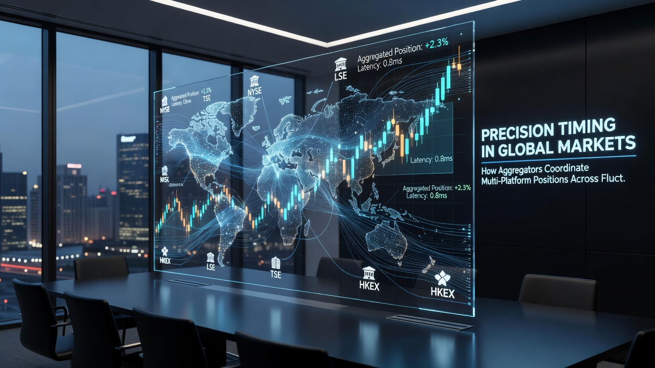 Multi-screen workstation displaying synchronized international market data feeds and timing metrics