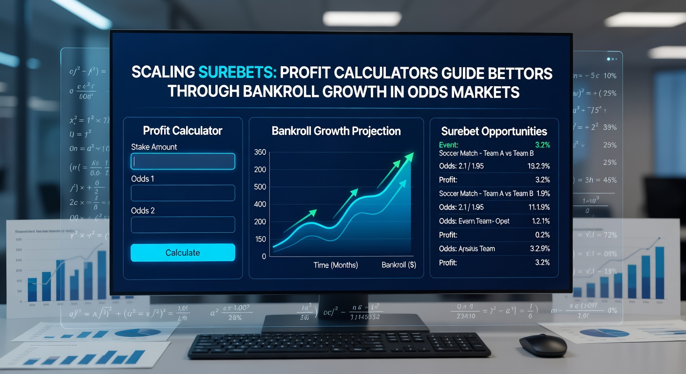 Digital dashboard displaying a surebet calculator with stake allocations across multiple bookmakers, graphs showing bankroll growth curves over time
