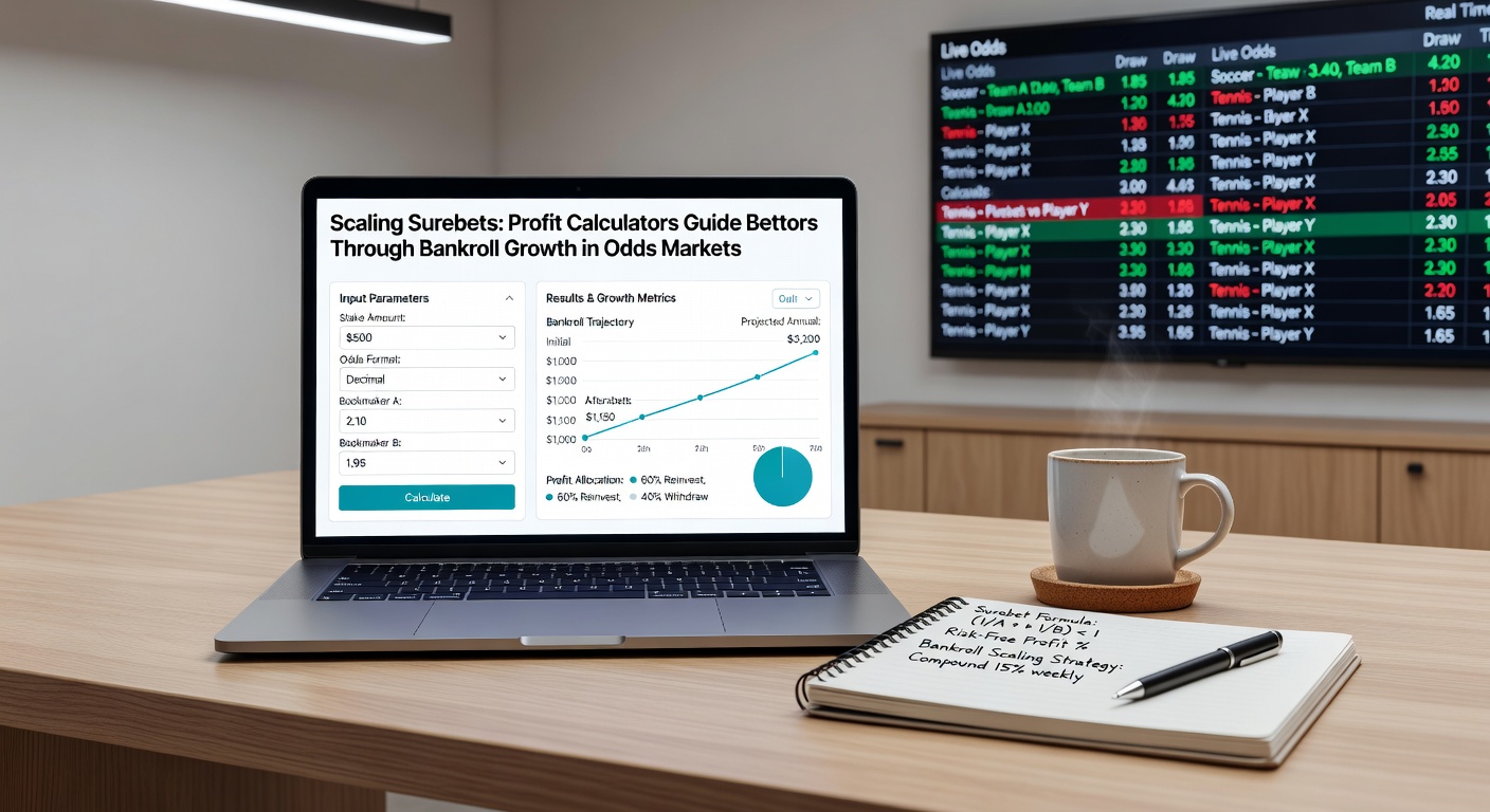Graph illustrating exponential bankroll growth from surebet scaling, with overlaid calculator interface showing stake adjustments and projected ROI curves