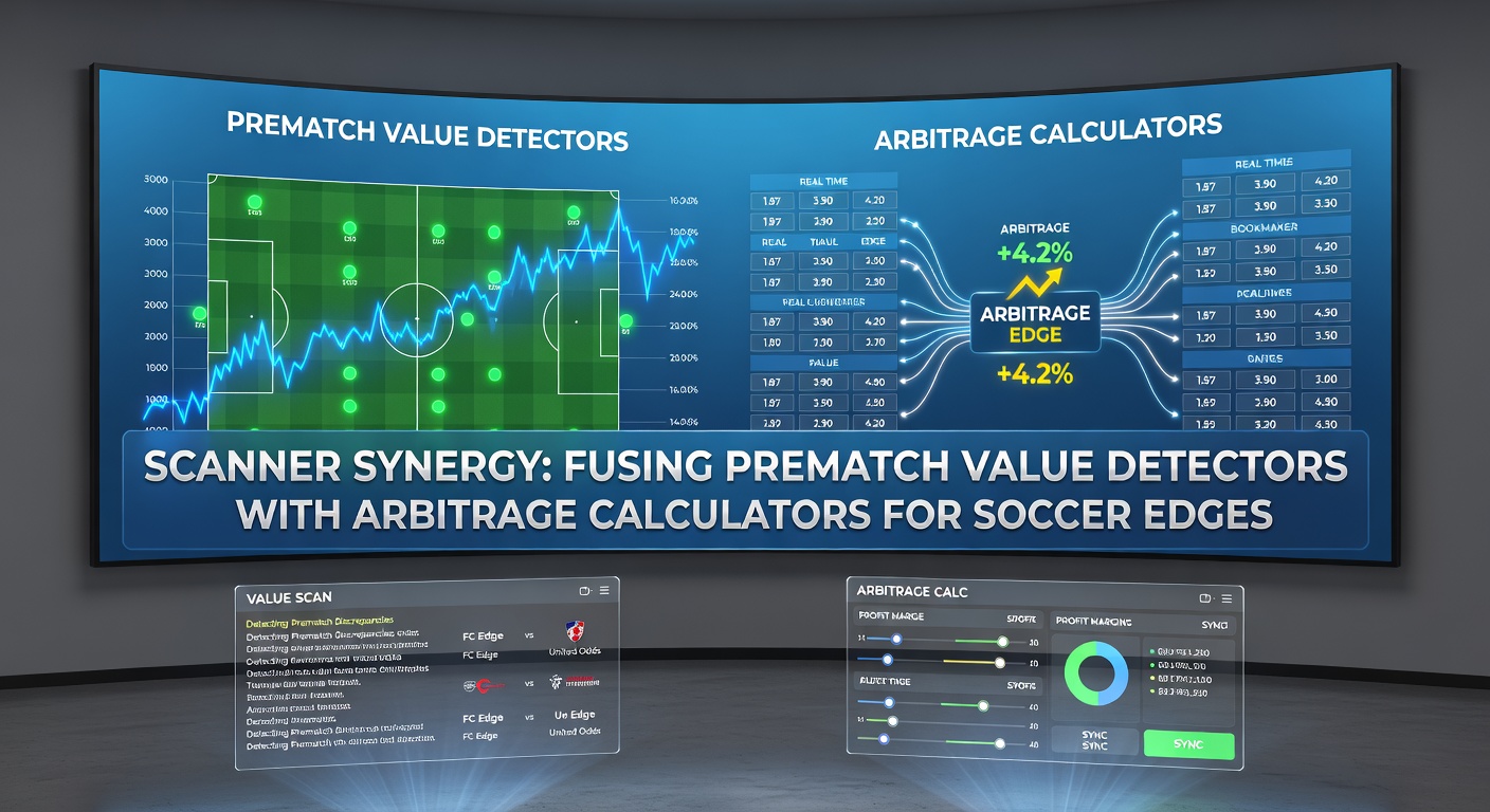 Visual representation of prematch scanner integration showing value bets and arbitrage opportunities overlayed on a soccer pitch diagram