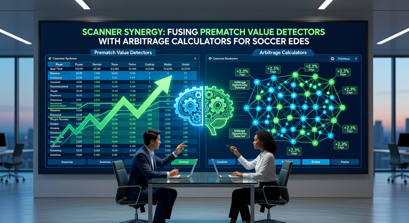 Screenshot example of fused scanner interface displaying soccer match arbs with value overlays and stake recommendations