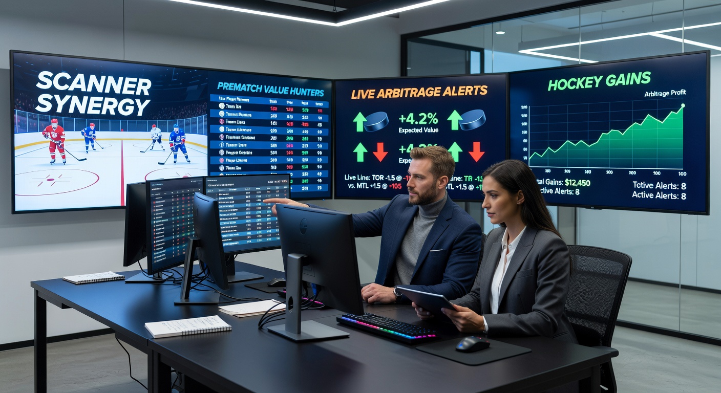 Close-up of a bettor's screen displaying synced prematch value alerts and live arbitrage notifications during an NHL playoff game, with profit calculations visible