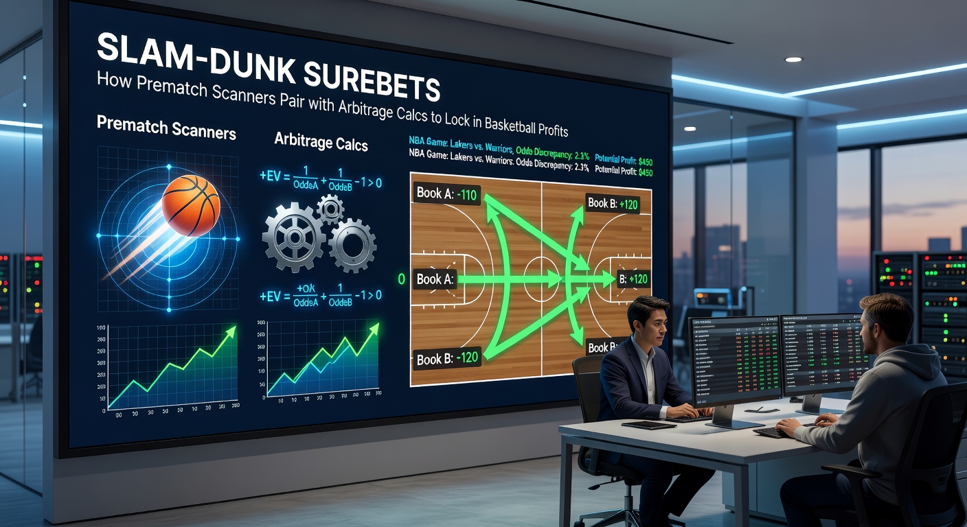 Digital dashboard showing prematch basketball odds scanner highlighting arbitrage opportunities across multiple sportsbooks
