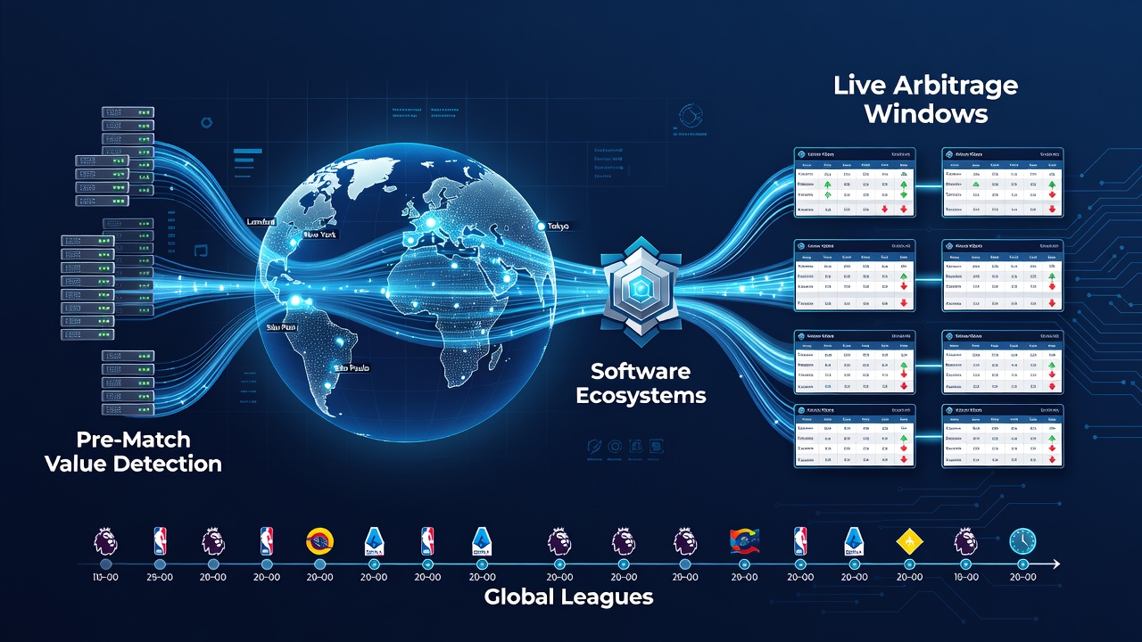 Live arbitrage window interface displaying synced alerts from pre-match value detection across international leagues