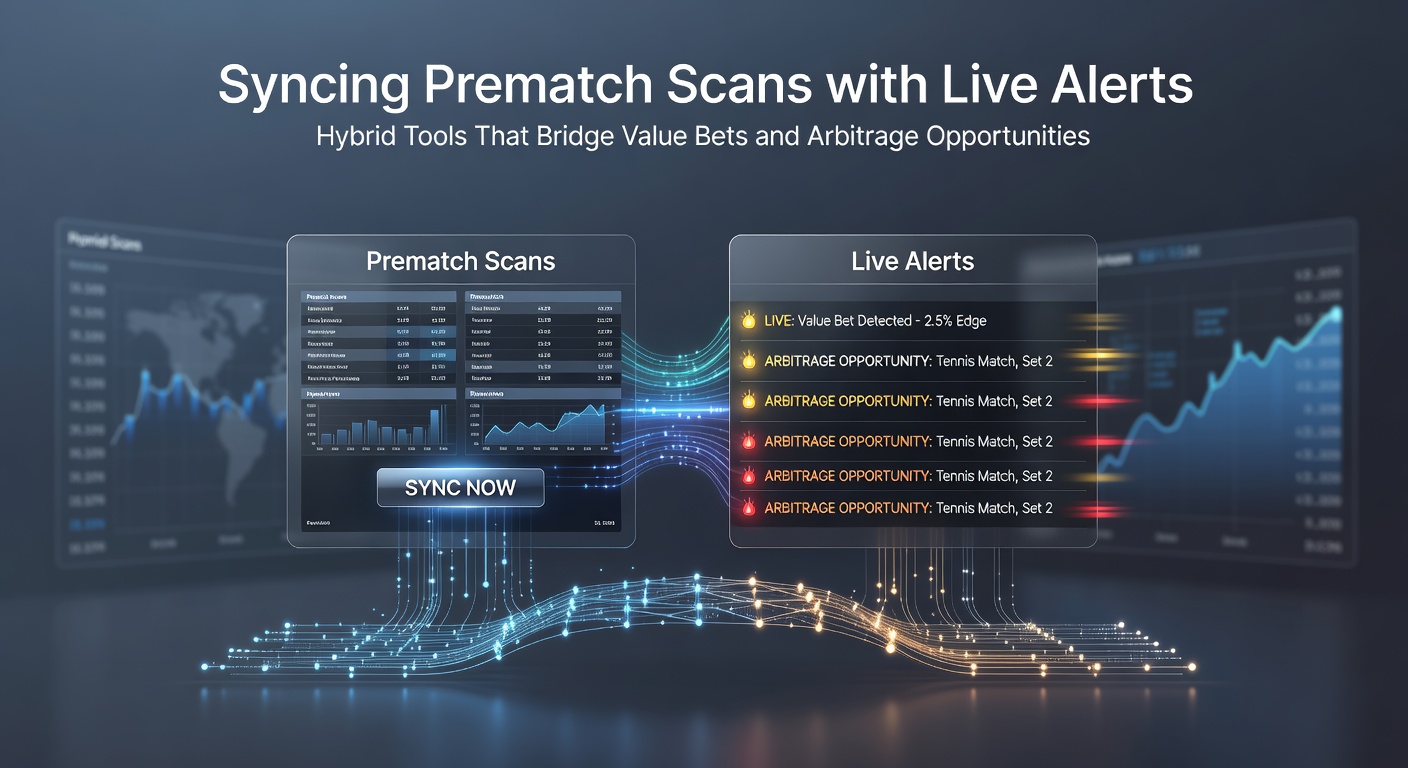 Dashboard display of a hybrid betting tool integrating prematch value scans with real-time live arbitrage opportunities