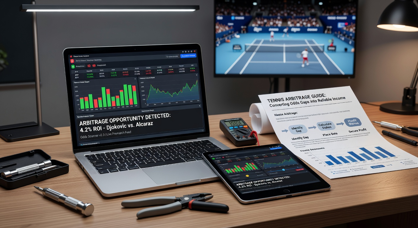 Graph illustrating arbitrage profit percentages over a tennis season, with peaks during Grand Slams and valleys in off-peak Challenger tours, overlaid with bookmaker count