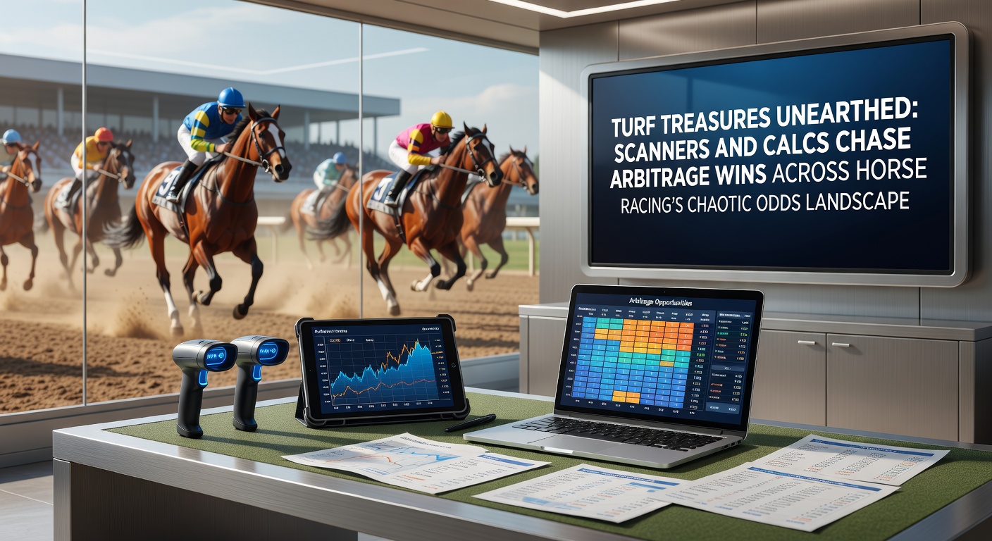 Horse racing track with fluctuating odds displays and scanner interfaces highlighting arbitrage opportunities