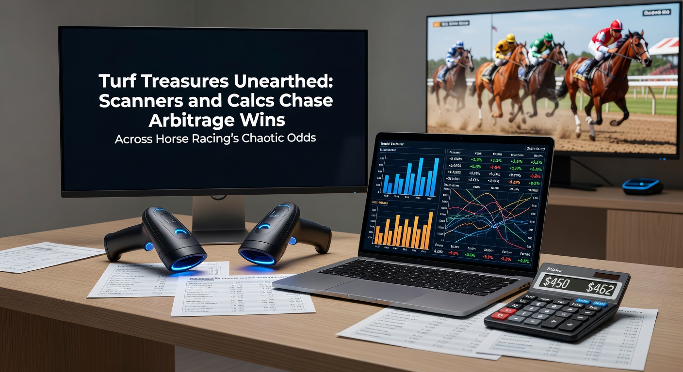 Close-up of arbitrage calculator interface displaying horse racing surebet stakes and profit projections amid dynamic odds feeds