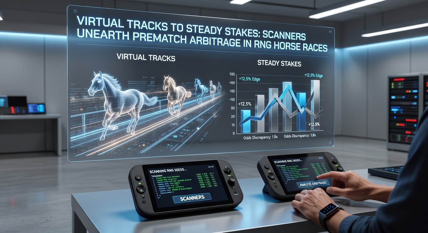 Screenshot of a scanner dashboard displaying live prematch arbitrage alerts for RNG virtual horse races across multiple bookmakers